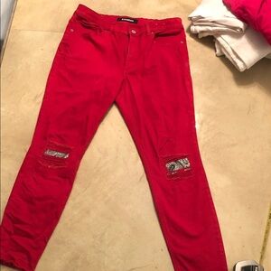 Express Red Skinny Jeans sz.10R with black and white paisley patches